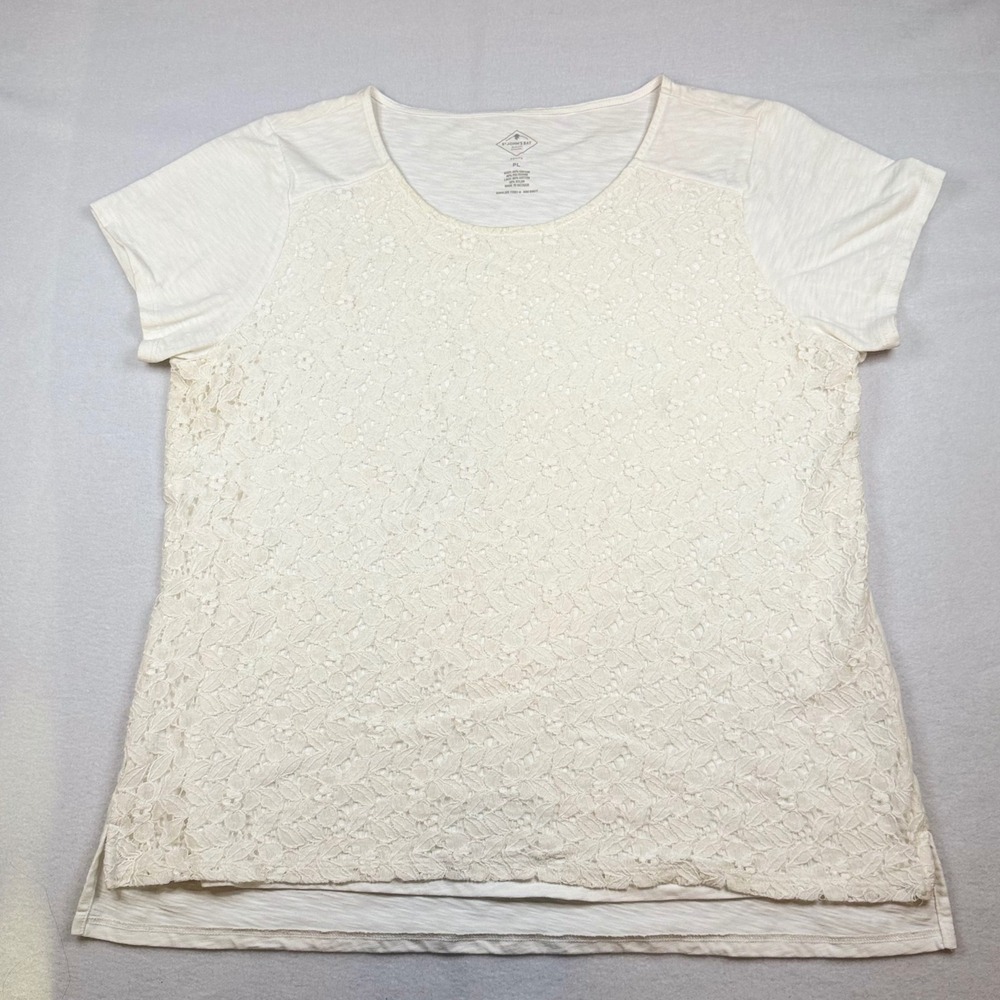 St. Johns Bay Womens Petite Large Cream Lace Front Short Sleeve Top Ivory PL
